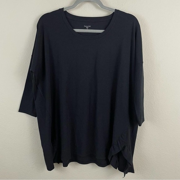Garnet Hill Oversized Organic Cotton Relaxed Blouse Ruffle Slits‎ Black Size S - Picture 1 of 8